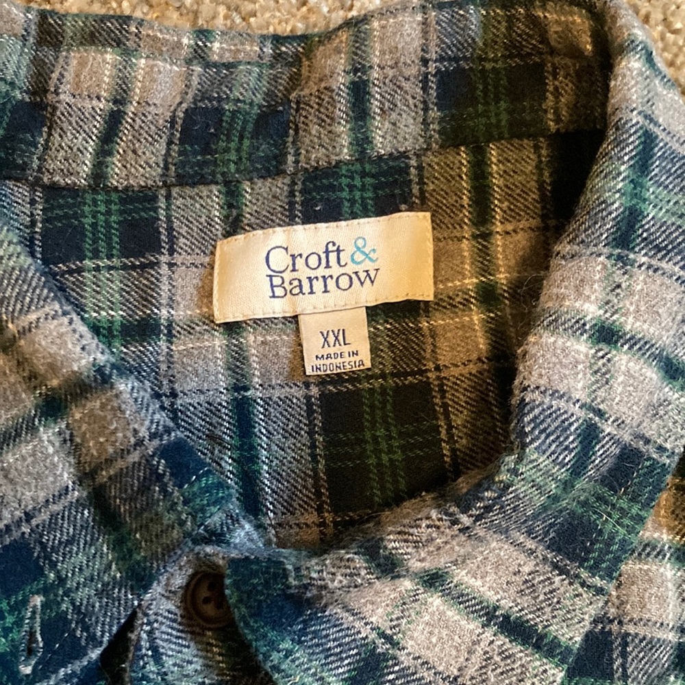 Flannel with green, blues, and grey. 2XL